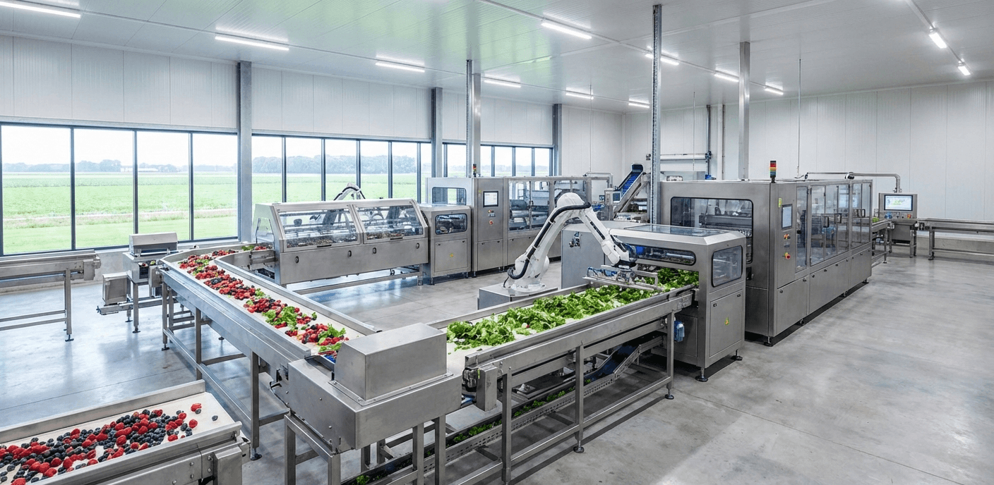 Modern food processing facility with automated conveyor systems