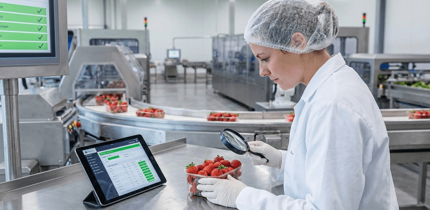 Quality control technician inspecting fresh produce in processing facility
